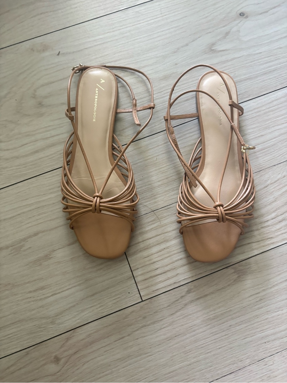 Anthropologie Tan Leather Strappy Flat Sandals Ankle Strap Buckle Women's Size 8